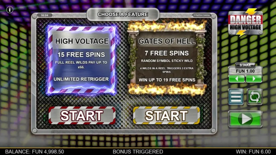 Danger High Voltage: Feature choice: High Voltage 15 free spins or Gates of Hell 7 free spins