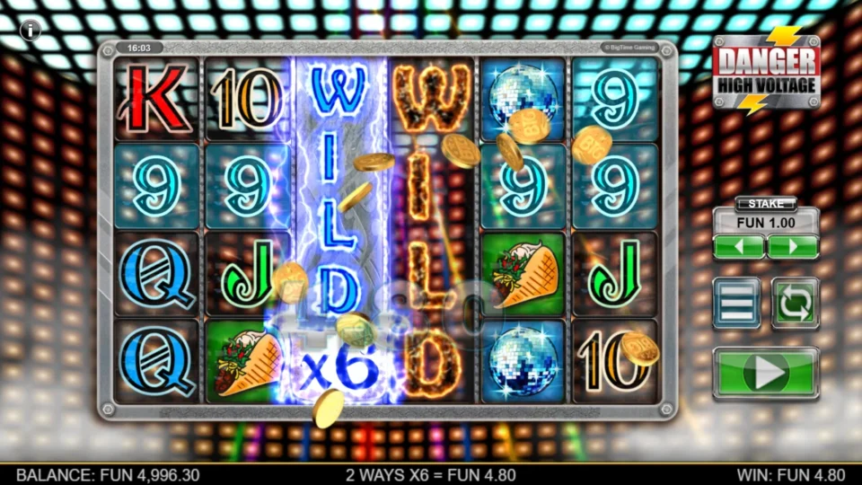 Danger High Voltage: Wild Electricity x6 next to a Wild Fire reel, 2 ways paying FUN 4.80