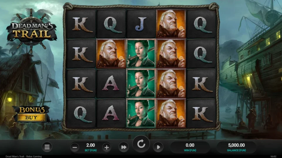 Dead Man's Trail: Five reels of four rows at the FUN 2 stake, Collector and Scout stacks beside the royals, balance FUN 5,000