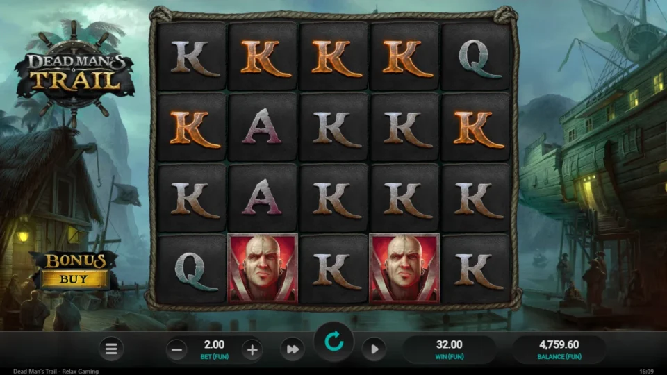 Dead Man's Trail: Kings across the top row with two Commanders below, FUN 32 on the win meter