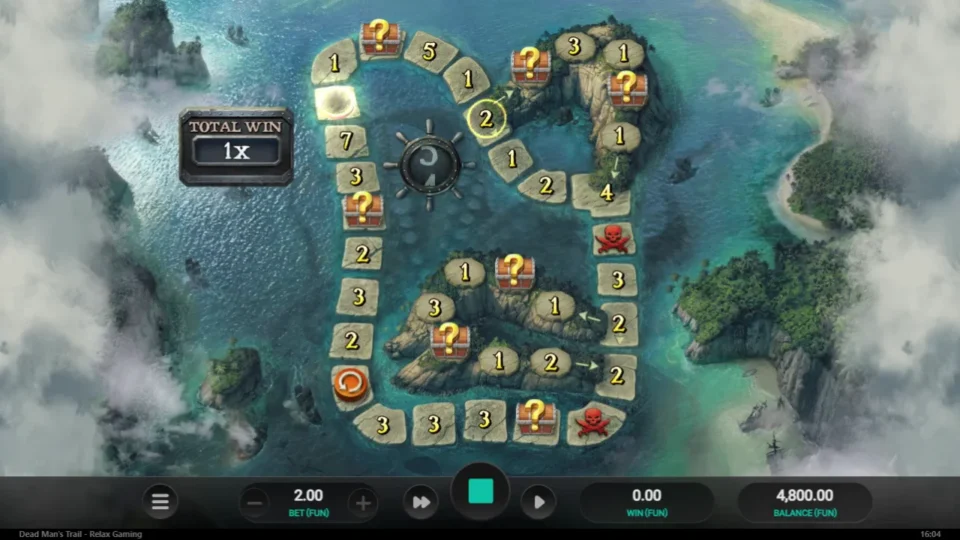 Dead Man's Trail: The bought trail after the first roll: pawn on a 2 tile, total win 1x, chests and skull tiles waiting along the loop