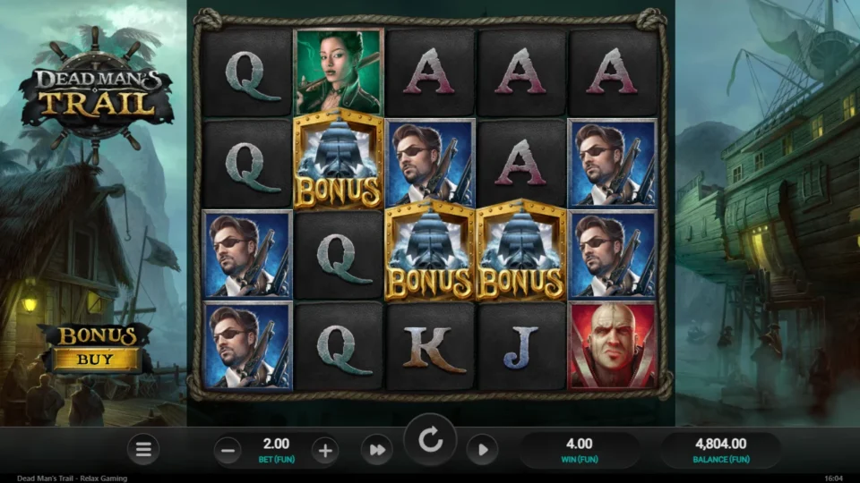 Dead Man's Trail: Result of the bought Trail Bonus: three rolls, FUN 4.00 on the win meter against a FUN 200 ticket