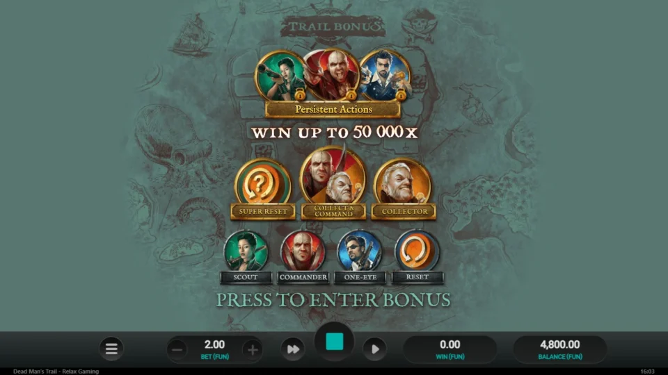 Dead Man's Trail: Trail Bonus splash after the purchase: eight chest actions, three persistent ones and the 50,000x cap on the map