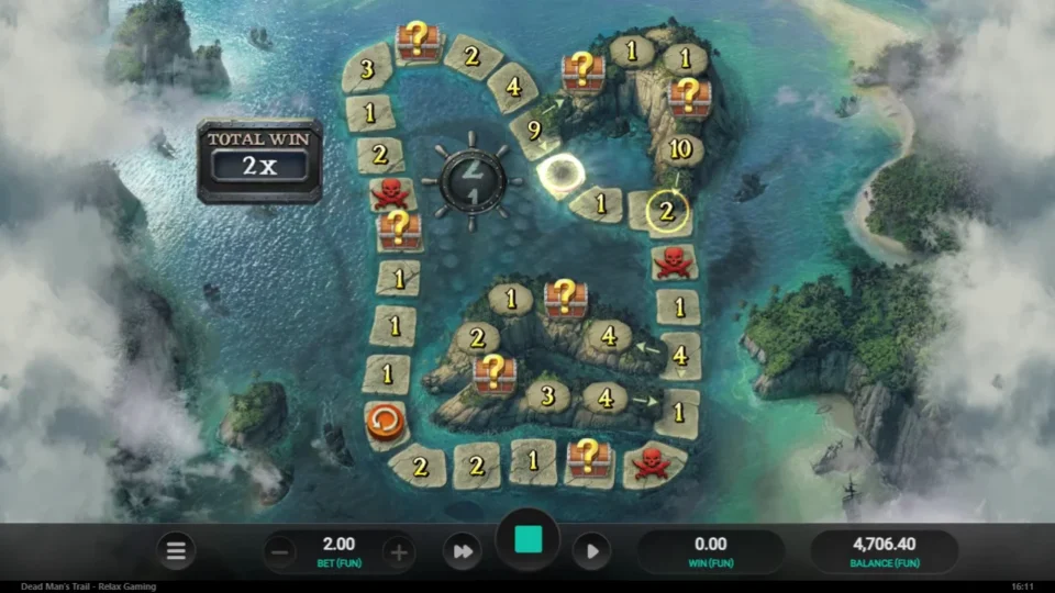 Dead Man's Trail: Natural bonus on media spin 95 after the second roll: total win 2x, a skull now sits where the pawn collected