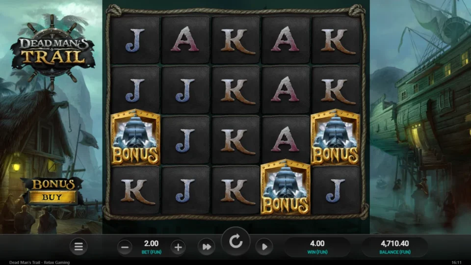 Dead Man's Trail: Three Bonus ships still on the reels and FUN 4.00 after the natural trail, balance FUN 4,710.40
