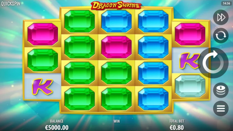 Dragon Shrine: Demo base game at a EUR 0.80 total bet on 40 lines, rows of gems on the reels