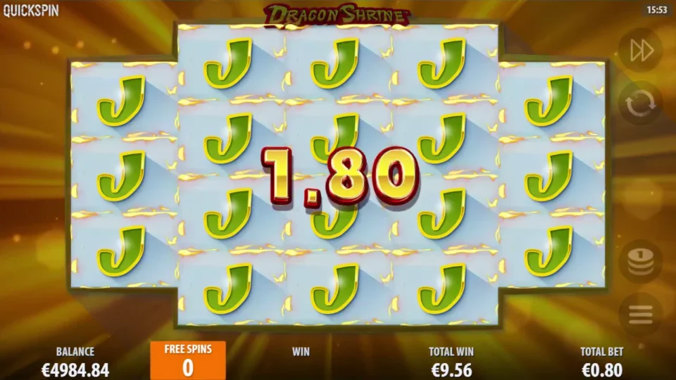 Dragon Shrine: Last free spin: the board filled with J symbols pays EUR 1.80