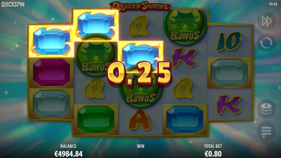 Dragon Shrine: Three Bonus Scatters on reels 2, 3 and 4 open 10 free spins