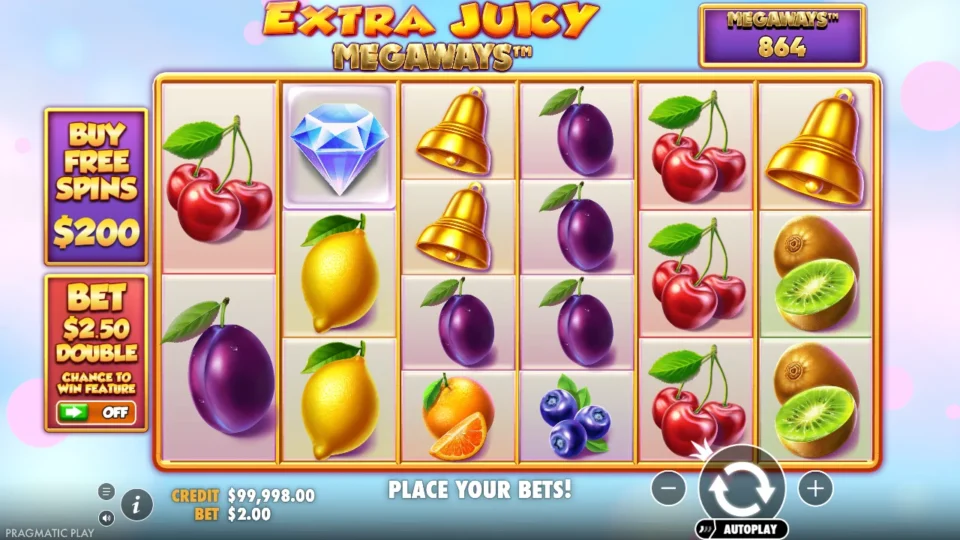 Extra Juicy Megaways: Base reels before the media session, USD 2 stake