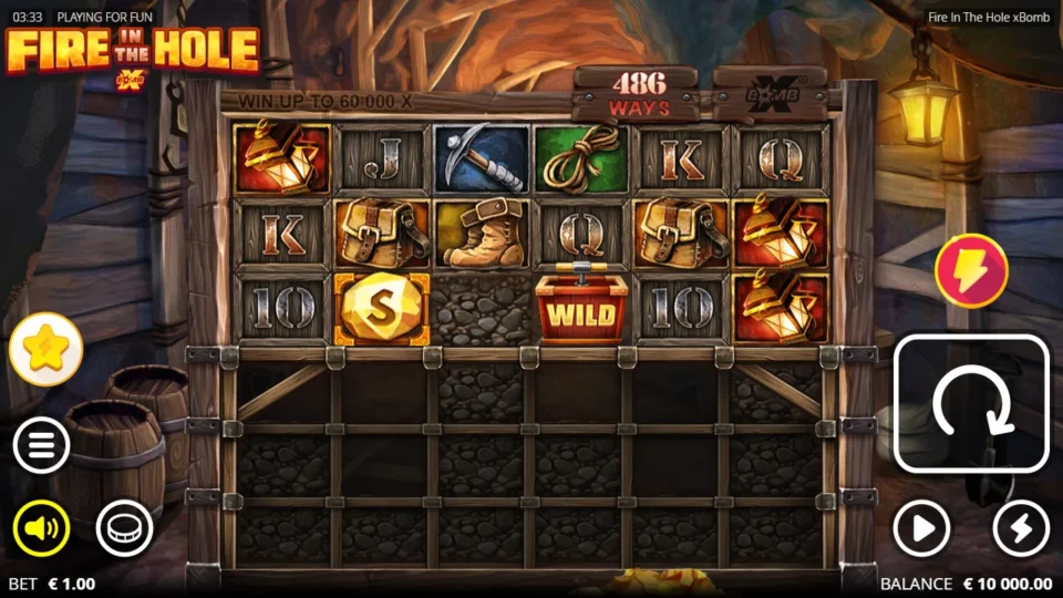 Fire in the Hole xBomb: Demo base game at a EUR 1.00 bet on 486 ways, a Bonus coin and an xBomb Wild in the mine