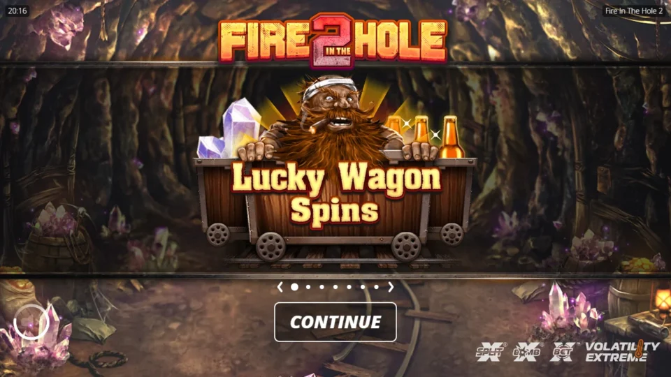 Fire in the Hole 2: Lucky Wagon Spins intro slide with the Dwarf in his cart and the volatility marked Extreme