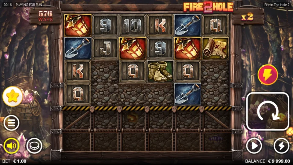 Fire in the Hole 2: Base game at 576 ways with an x2 win multiplier set for the next collapse