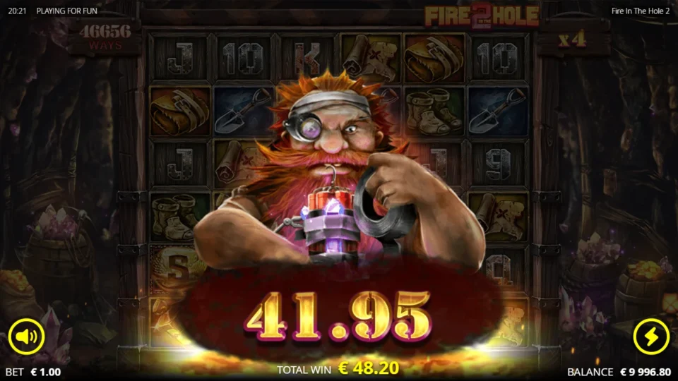 Fire in the Hole 2: Big-win count passing 41.95 on a EUR 48.20 spin at 46,656 ways