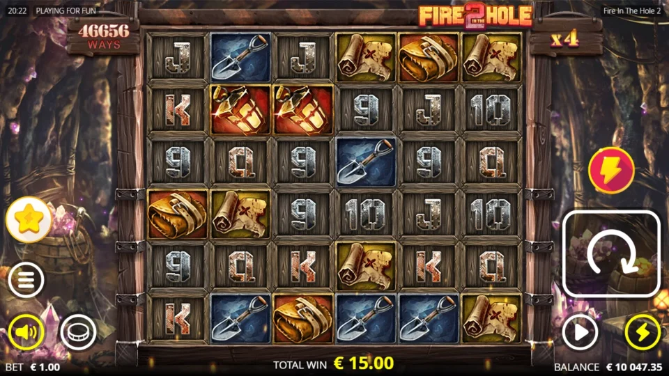 Fire in the Hole 2: All six mine rows open at 46,656 ways, the multiplier at x4 and EUR 15.00 won