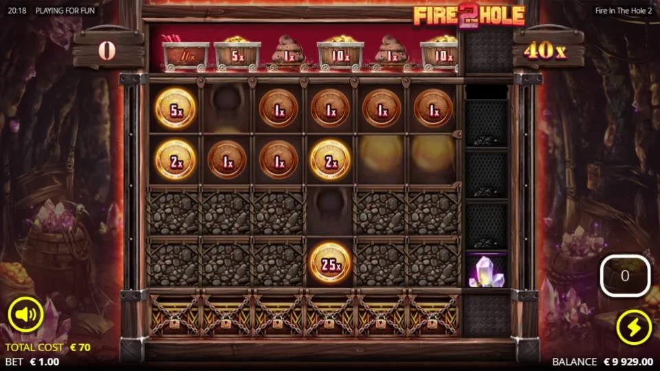 Fire in the Hole 2: An Upgrade crystal glows on the seventh reel beside a 25x coin as the wagon reaches 40x with no spins left