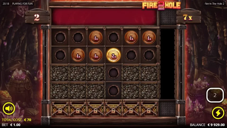 Fire in the Hole 2: Two spins left with six coins worth 7x in the wagon and the dirt gone from two rows of reel 4