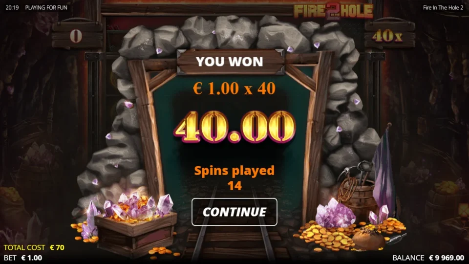 Fire in the Hole 2: Lucky Wagon result of EUR 40.00 after 14 spins on a EUR 70 ticket