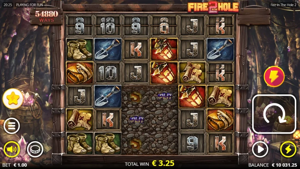 Fire in the Hole 2: Spin at 54,880 ways pays EUR 3.25, with two xSplit symbols still buried in dirt
