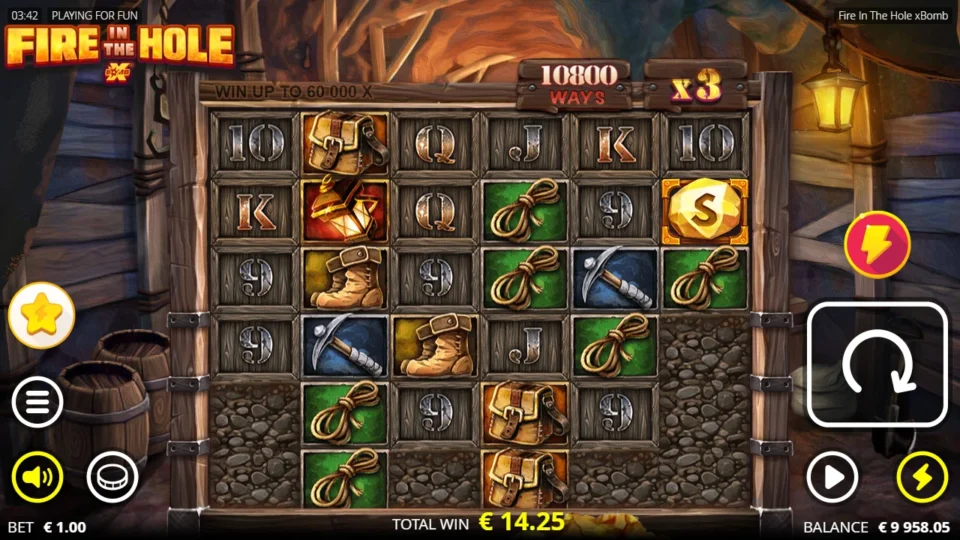 Fire in the Hole xBomb: Collapse chain on 10,800 ways at x3 paying EUR 14.25