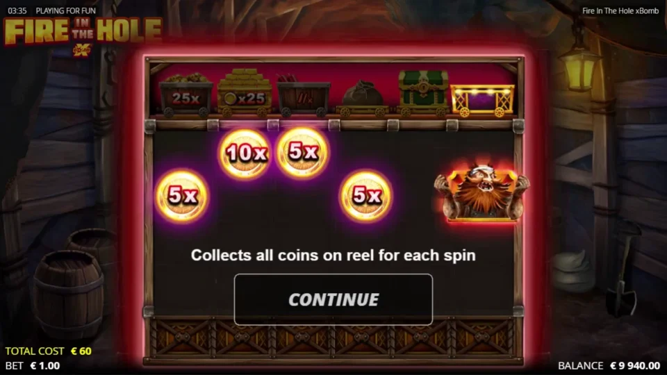Fire in the Hole xBomb: Feature card: the Dwarf collects the coins on its reel every spin