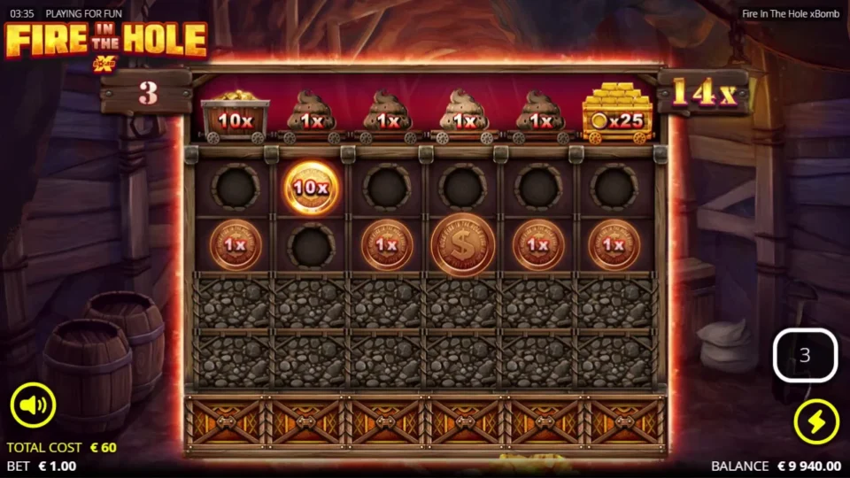 Fire in the Hole xBomb: Two open rows of coins worth 14x the bet with 3 spins left