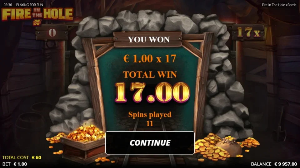 Fire in the Hole xBomb: Bonus result: EUR 17.00 from 11 spins, 17x the bet
