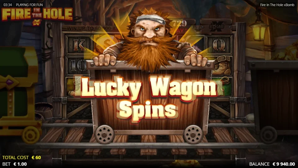 Fire in the Hole xBomb: Lucky Wagon Spins title card after the EUR 60 ticket