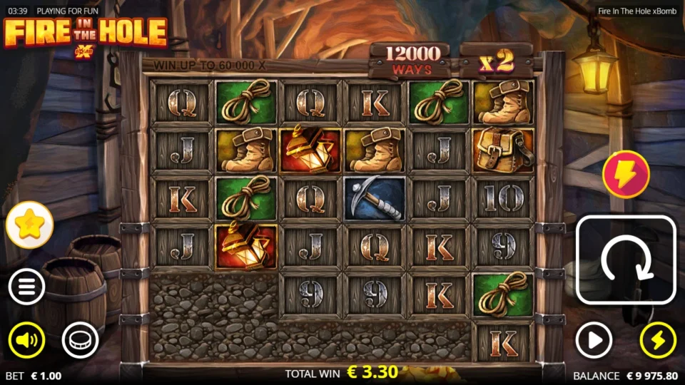 Fire in the Hole xBomb: Mine opened to 12,000 ways with an x2 multiplier for a EUR 3.30 win
