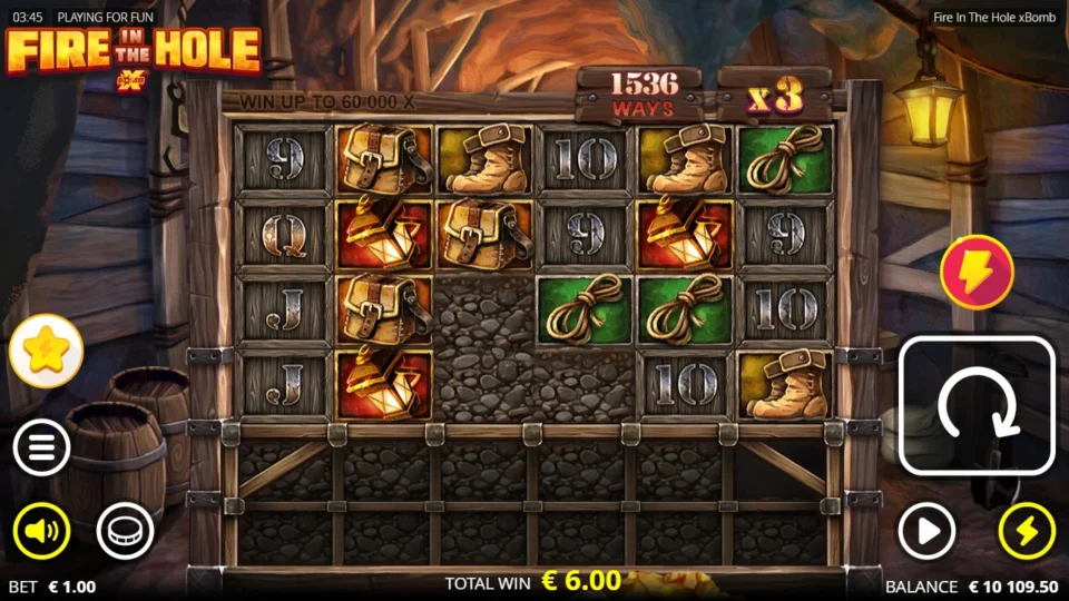 Fire in the Hole xBomb: EUR 6.00 win at x3 after the mine grew to 1,536 ways
