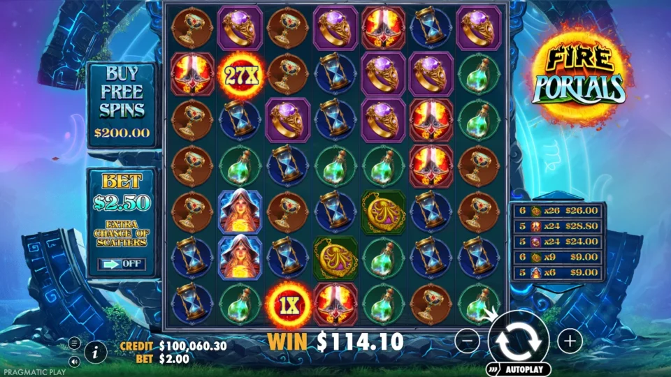Fire Portals: Media spin 43: completed USD 114.10 payout, with the remaining portals visible