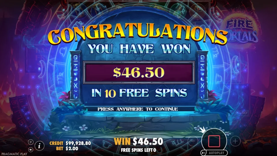Fire Portals: Purchased free spins result: USD 46.50 returned in ten spins
