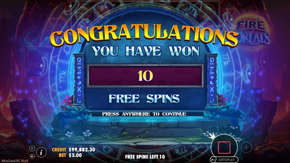 Fire Portals: Purchased feature begins with ten free spins at a USD 200 entry