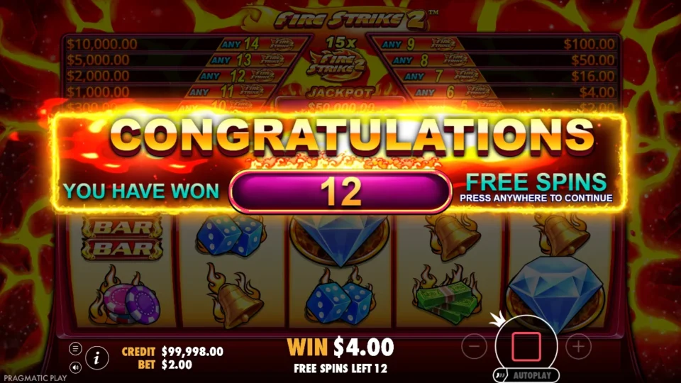 Fire Strike 2: free spins triggered (natural trigger) on round 71