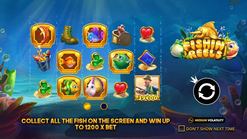 Fishin' Reels: Intro board: the fisherman under a 39,400 tag, collect every fish on screen for up to 1,200x