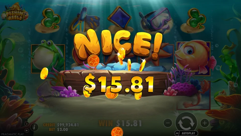 Fishin' Reels: NICE banner counting USD 15.81 over a starfish line, an orange fish waiting on reel five