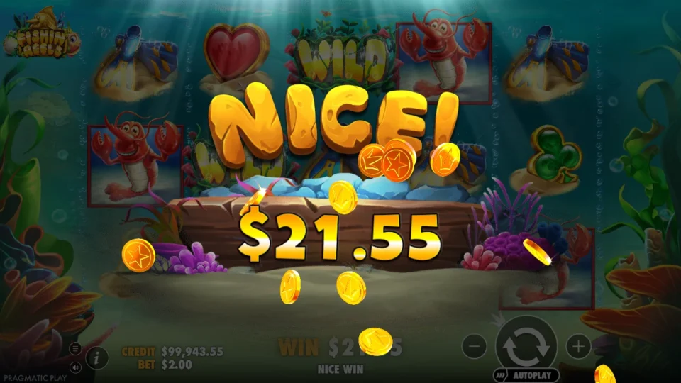 Fishin' Reels: NICE banner at USD 21.55 after two lobsters and a Wild line up on a media spin
