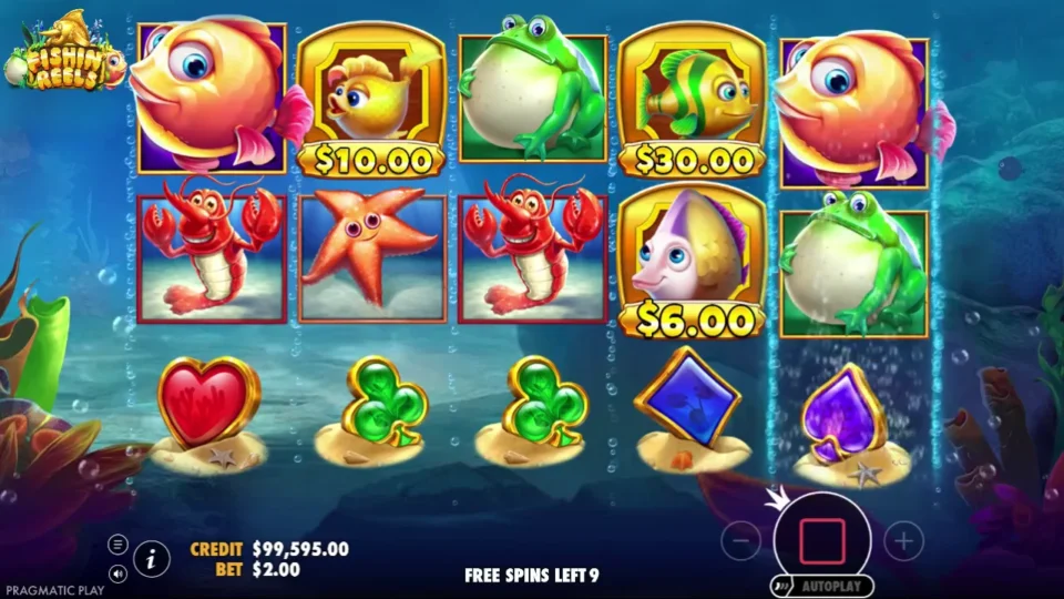 Fishin' Reels: Spin two of Reel It In: fish worth USD 10, 30 and 6 on the reels and no fisherman yet