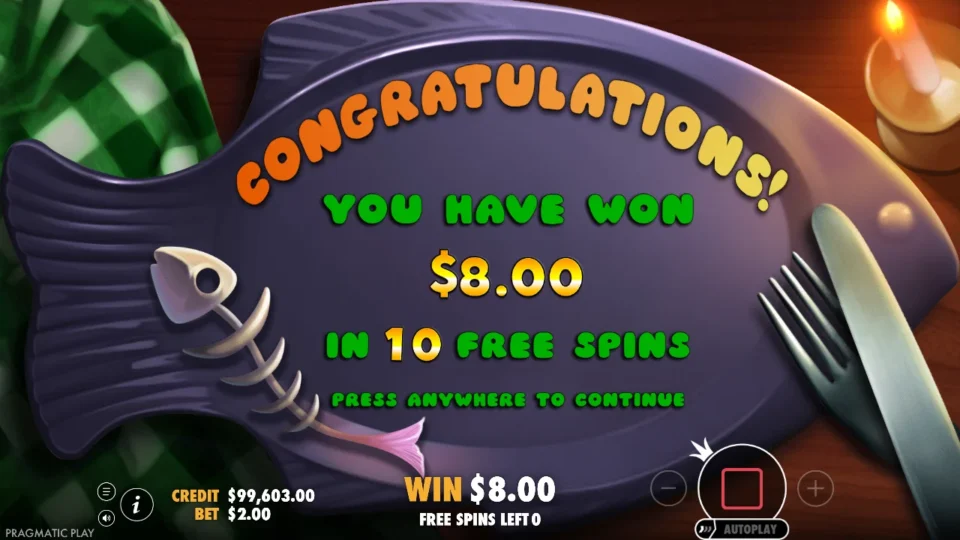Fishin' Reels: Free spins result on the fish-bone plate: USD 8 in ten spins, the fisherman never came