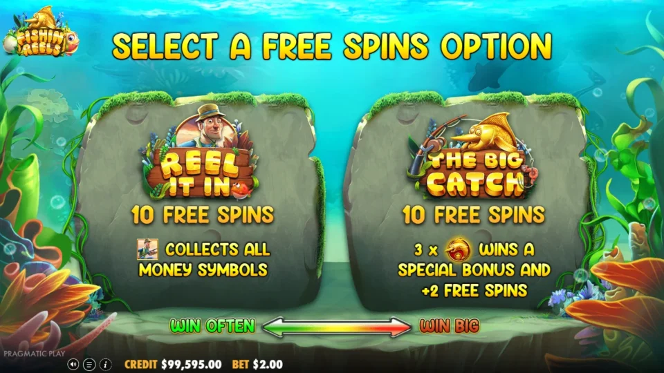 Fishin' Reels: Free spins option screen: Reel It In on the left, The Big Catch on the right