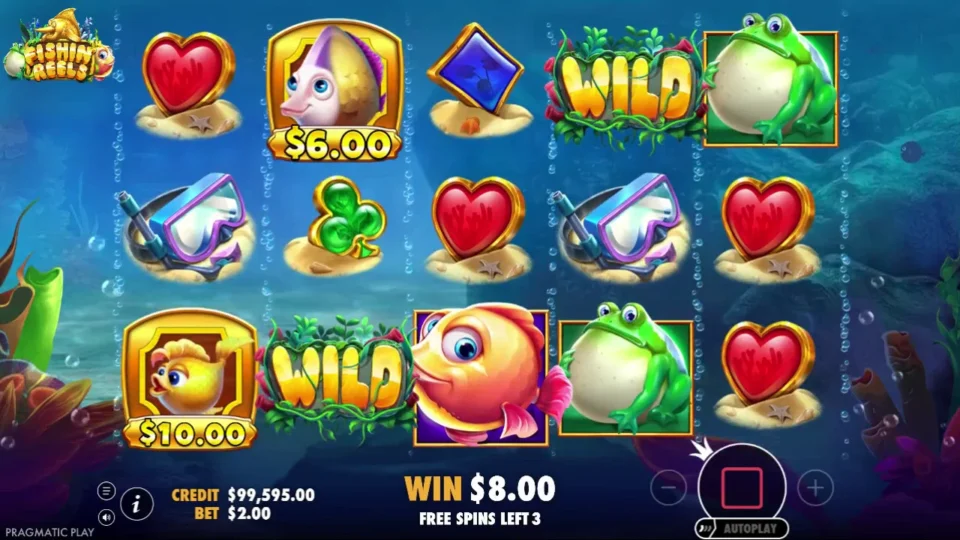 Fishin' Reels: Two Wilds and a USD 10 fish with three spins left, feature win still at USD 8