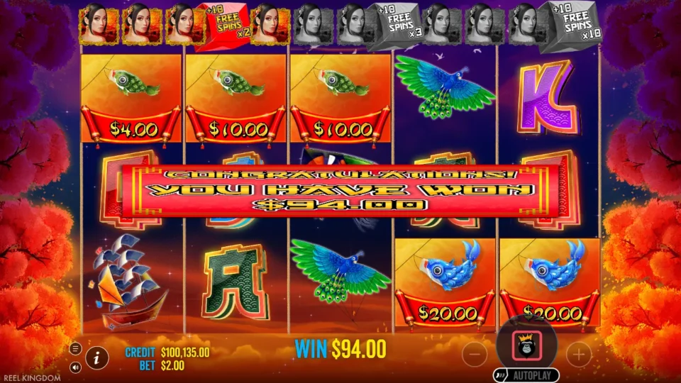 Floating Dragon: free spins result: 94.0 (natural trigger)