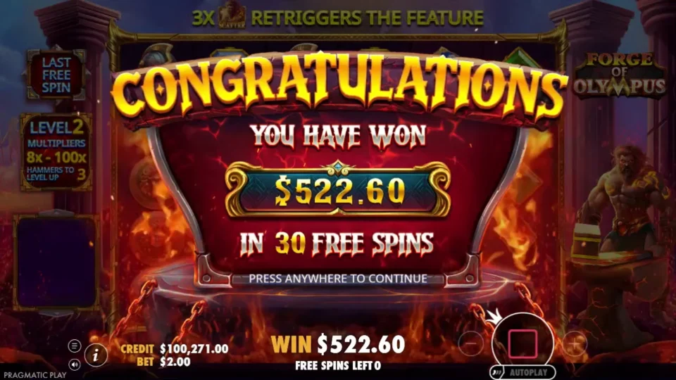 Forge of Olympus: Separate media session: purchased bonus result — USD 522.60 returned in the complete round, including USD 322.60 from 30 free spins and USD 200.00 from entry. The initial 20 free spins received two additions of five.
