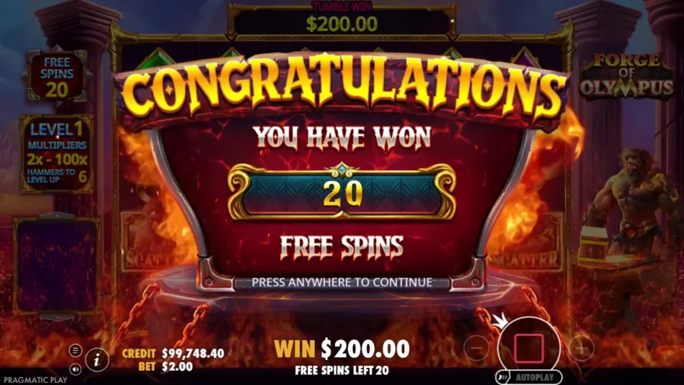 Forge of Olympus: Separate media session: the purchased Level 1 feature starts with 20 free spins. The HUD already shows the USD 200 entry payout.