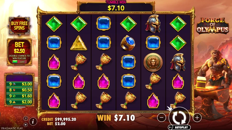 Forge of Olympus: Separate media session: ordinary media spin 50 returned USD 7.10. An ordinary-spin result halfway through the separate media sequence.