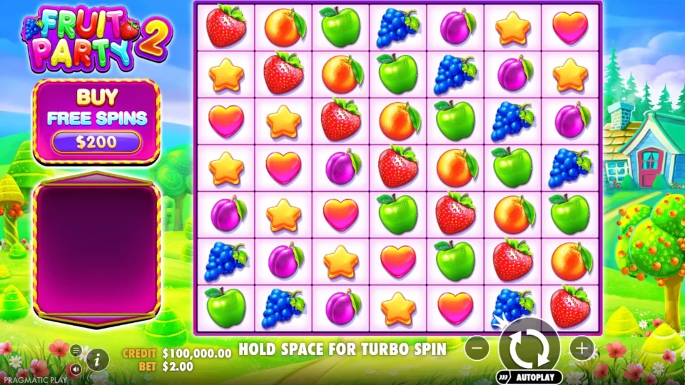 Fruit Party 2: The 7 by 7 grid at a USD 2 stake.