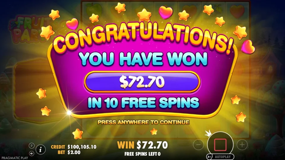 Fruit Party 2: Purchased free spins result: USD 72.70 returned in ten spins.