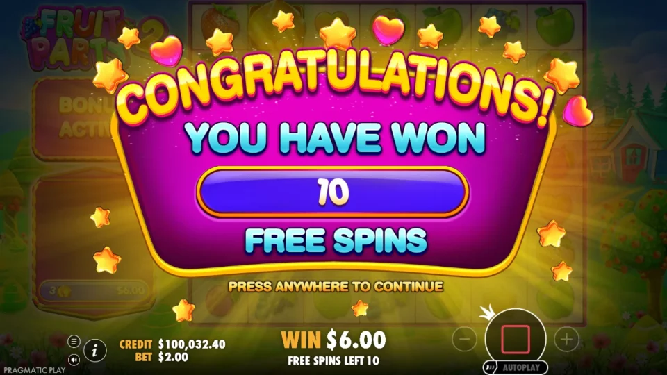 Fruit Party 2: The separate media purchase awards ten free spins.