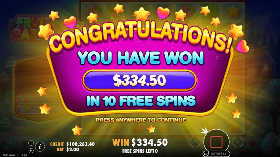 Fruit Party 2: Natural media bonus: USD 334.50 returned in ten free spins.