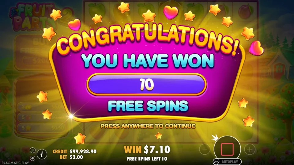 Fruit Party 2: Ten free spins awarded naturally on media spin 58.