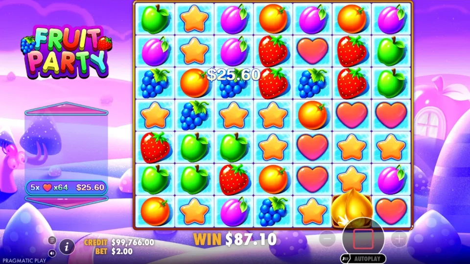Fruit Party: free spins result: 87.1 (bonus buy)